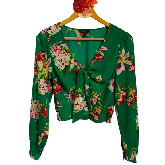 Express Tops - Express green floral tie front long sleeve crop top w/ front tie, balloon sleeve
